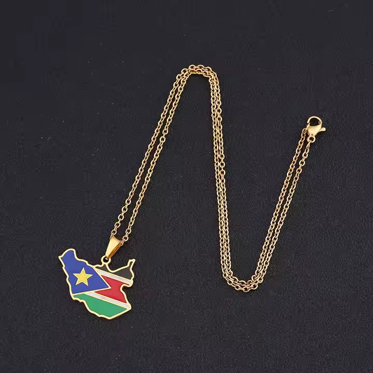 South Sudan Map Necklace – 18K Gold Plated Stainless Steel Pendant with Enamel Flag Design